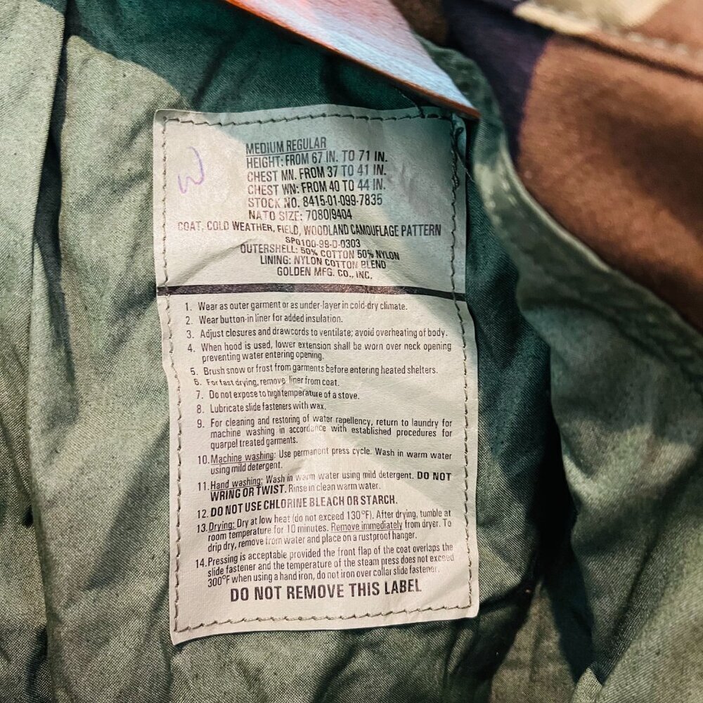 Vintage Golden MFG. Co Inc. Military Cold Weather Field Coat Woodland Camouflage - Picture 13 of 16